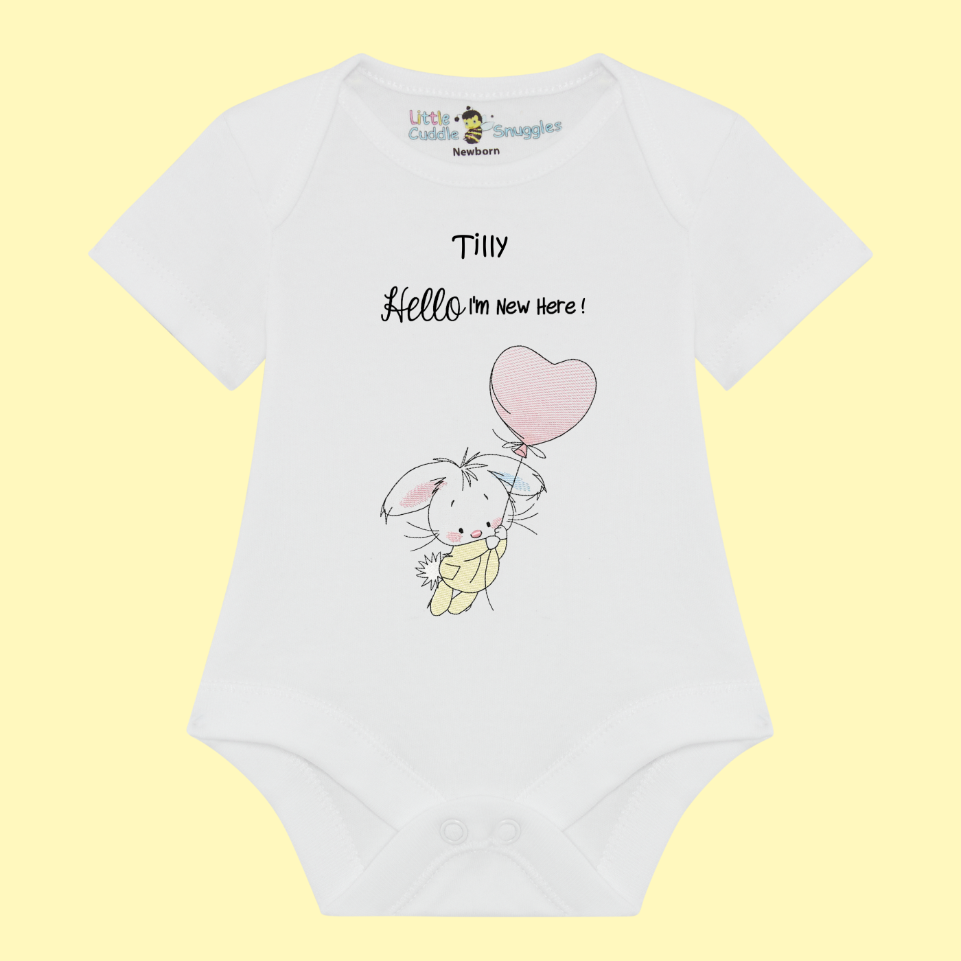 Bunny with heart balloon Baby Vest 'I'm New Here!'