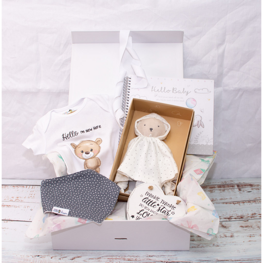 Unisex Organic Cotton Grey Bear New Baby Gift Box