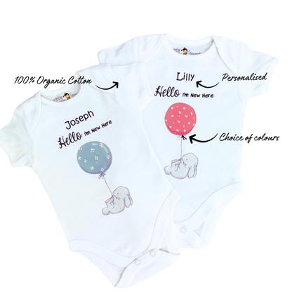 Bunny with balloon 'I'm New Here' Baby Vest