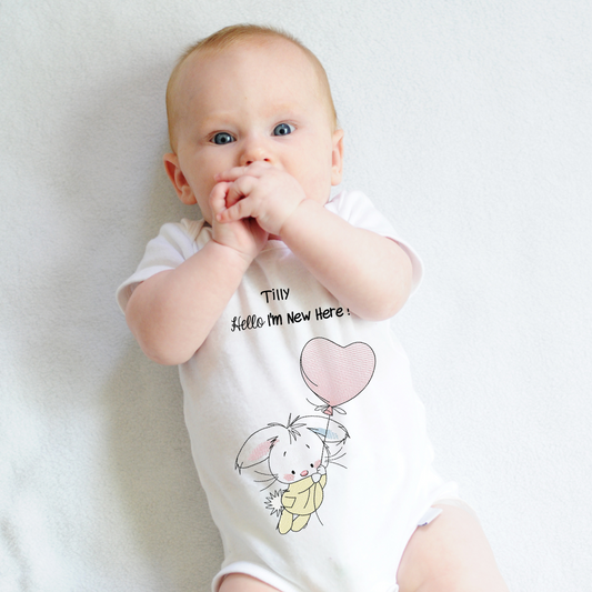 Bunny with heart balloon Baby Vest 'I'm New Here!'