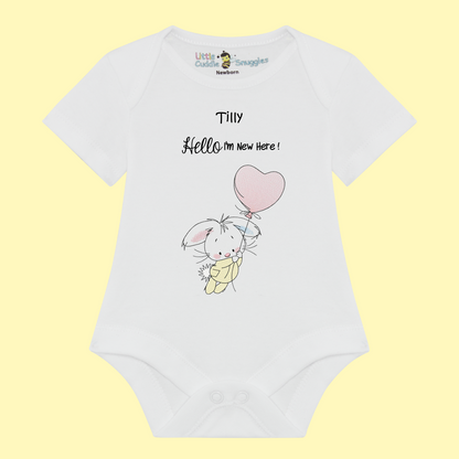 Bunny with heart balloon Baby Vest 'I'm New Here!'