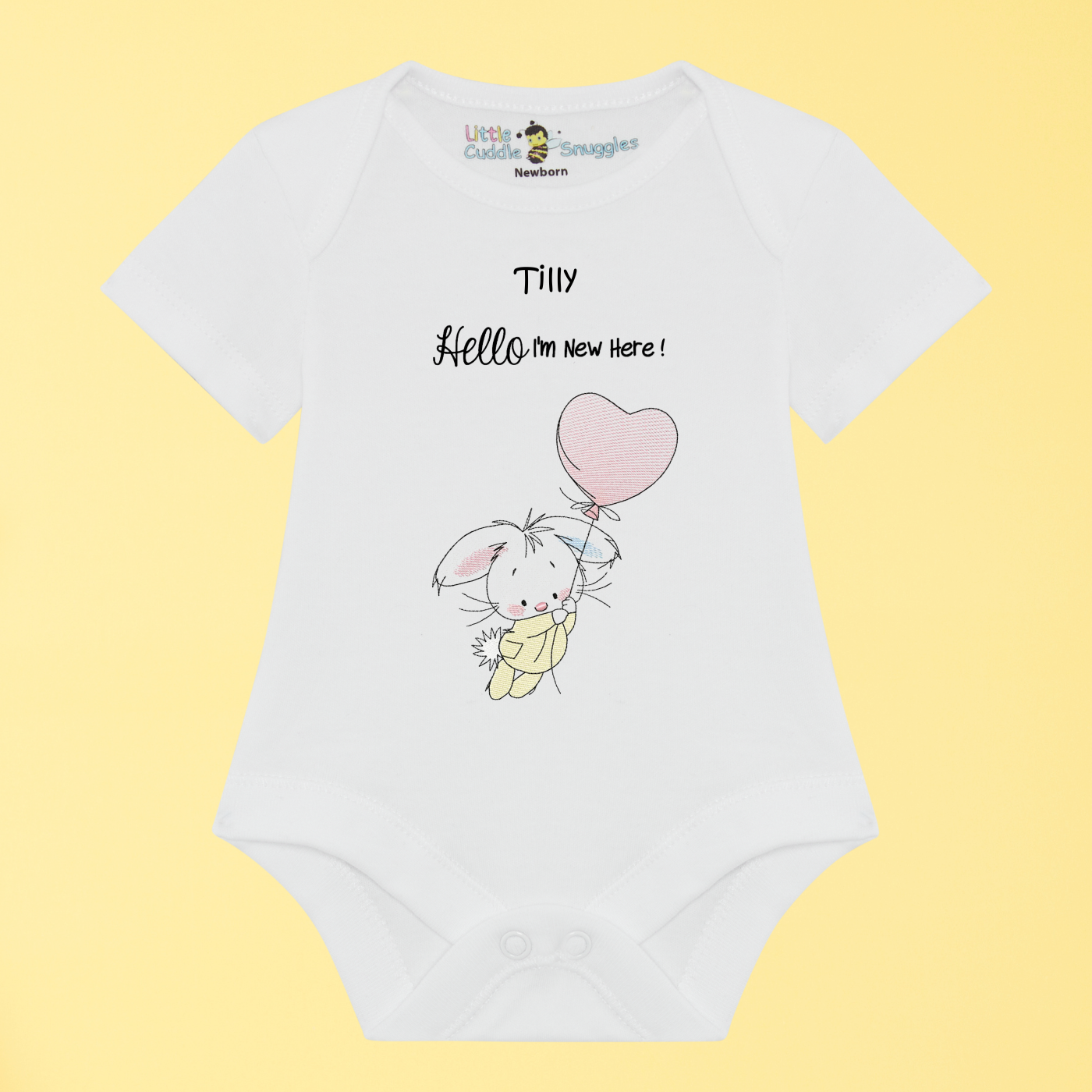 Bunny with heart balloon Baby Vest 'I'm New Here!'