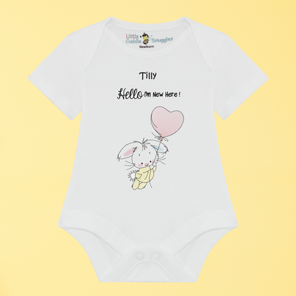 Bunny with heart balloon Baby Vest 'I'm New Here!'