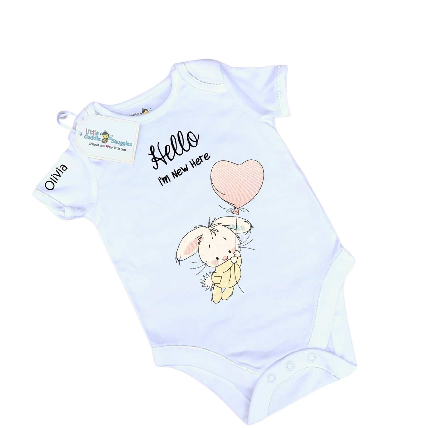 Bunny with heart balloon Baby Vest I'm New Here!